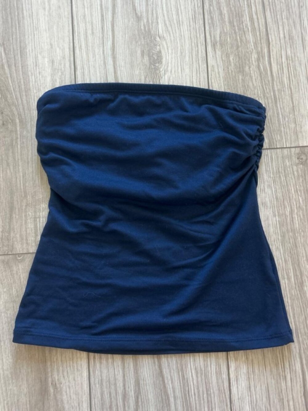 Navy Blue Strapless Tube Top Side Ruched Stretchy Fitted